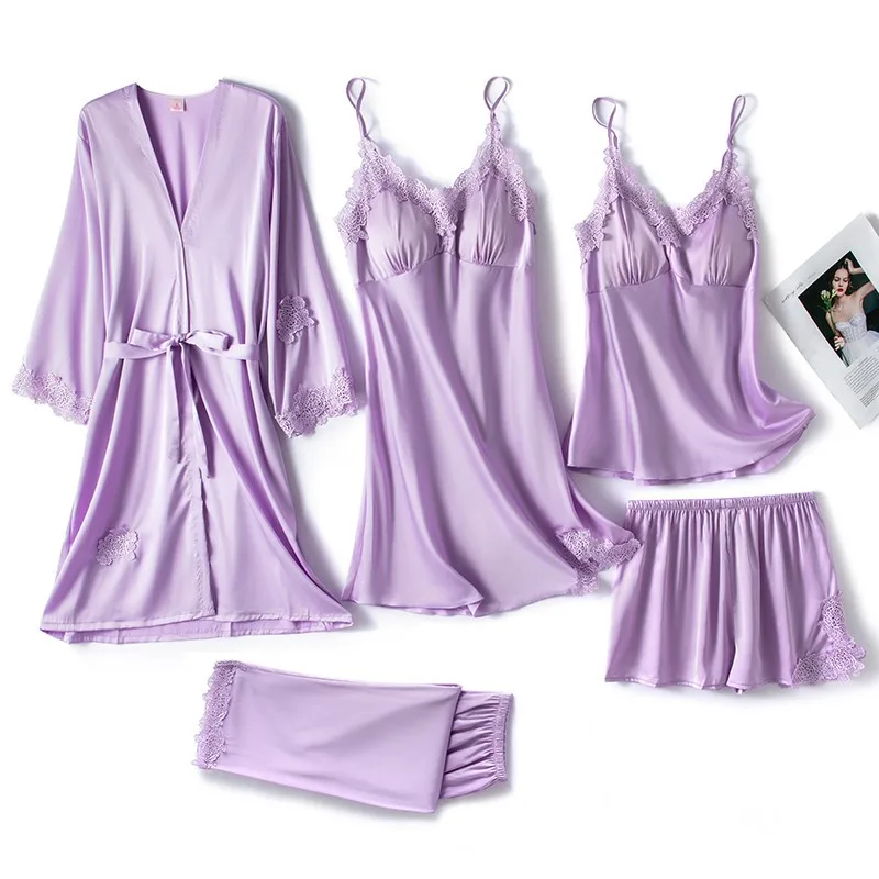 

Sexy Robe Women Pajamas Set 5PCS Lounge Wear Suit Casual Lace Bathrobe Faux Silk Sleepwear Kimono Gown Intimate Lingerie