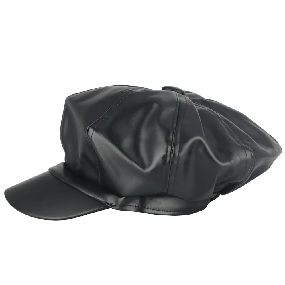 Черный шерстяной женский берет зимний из искусственной кожи восьмиугольная