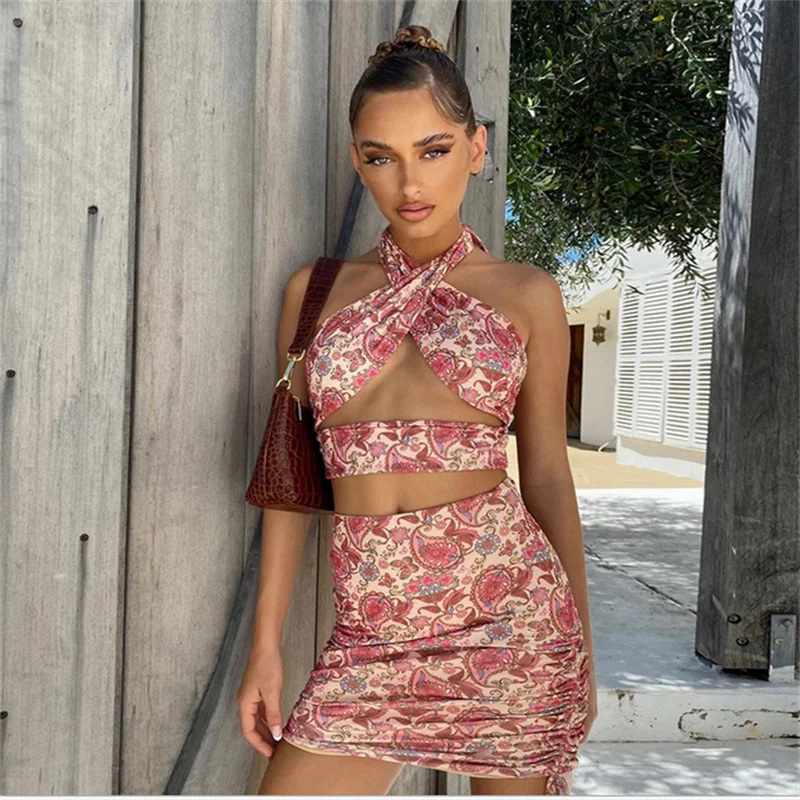 

Women Club Party 2 Piece Sexy Sleeveless Backless Hollow Ou Mini Skirt Summer High waist Casual Dots Printing Skirt Suits