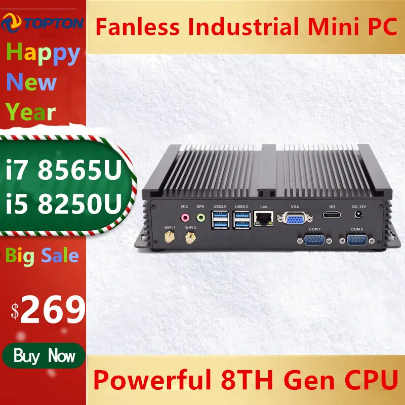 Промышленный мини ПК Topton 2020 Безвентиляторный Компьютер Windows 10 Intel Core i7 8565U i5 8265U 2 *