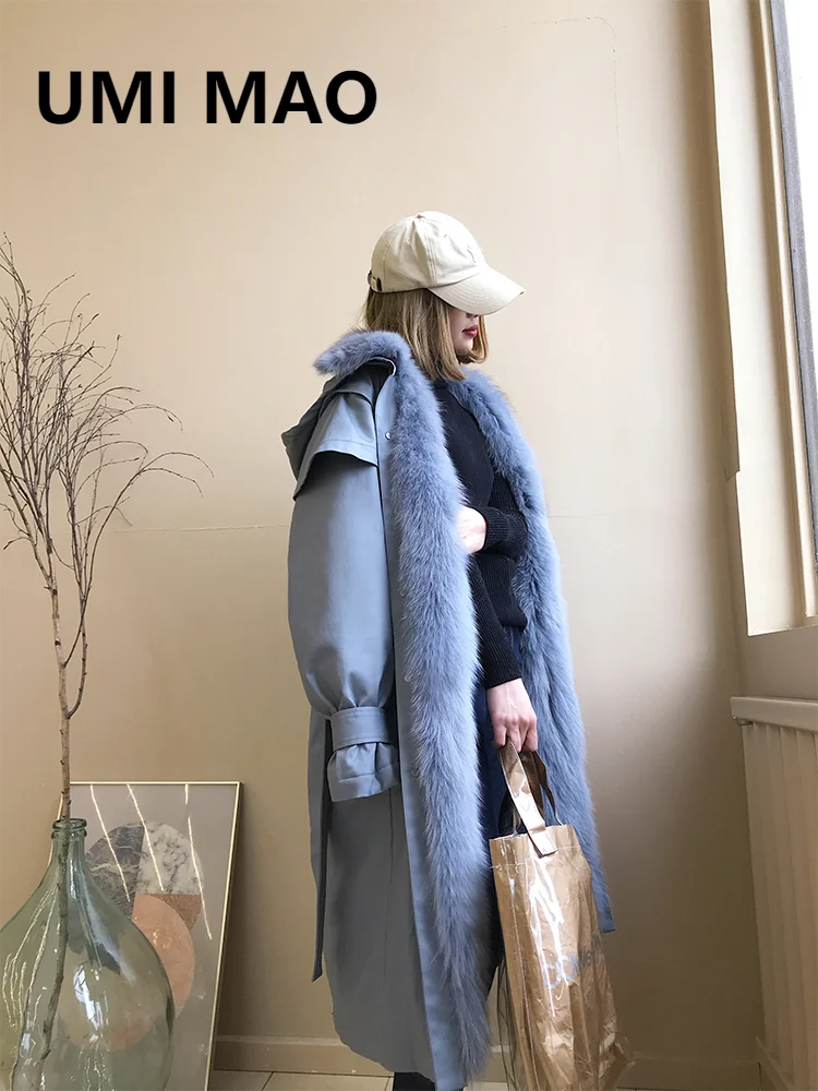 

UMI MAO Korean Material Faction Overcomes Female Fox Parka Real Fur Liner Mid-length Fur Coat 2021 Winter New Hooded Coat Y2K