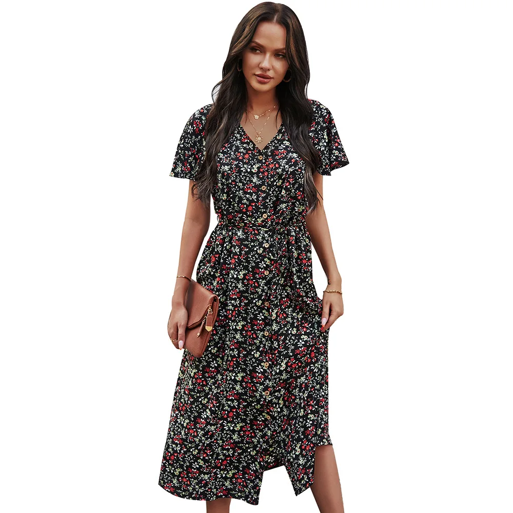 

Original! Cross-Border Women's Clothing Amazon 2021 Spring and Summer Our Store Popular Vintage Printing Long Dress Sexy Women