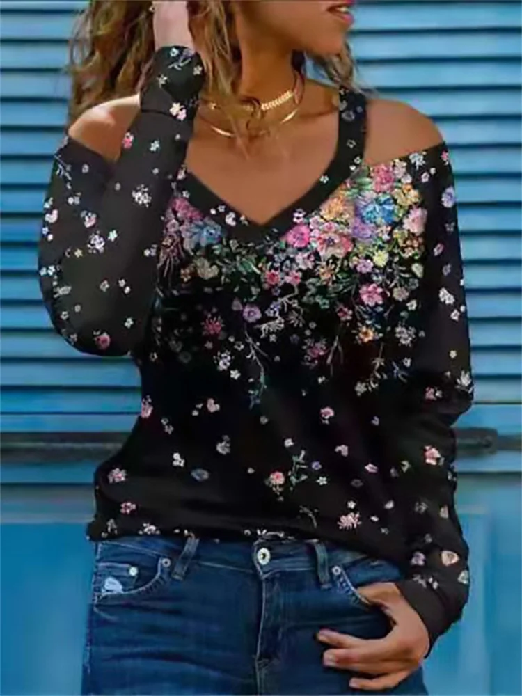 Женская Винтажная футболка с цветочным принтом элегантная повседневная длинным