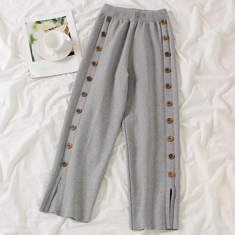 BGTEEVER стильные прямые трикотажные штаны с боковыми пуговицами женские зимние