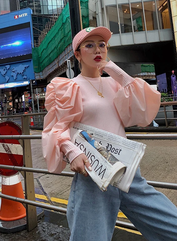 Мода, Осенний тонкий вязаный женский свитер в стиле пэчворк, зеленый свитер с круглым вырезом, пышными рукавами и рюшами, уличная одежда, женский свитер, пуловер