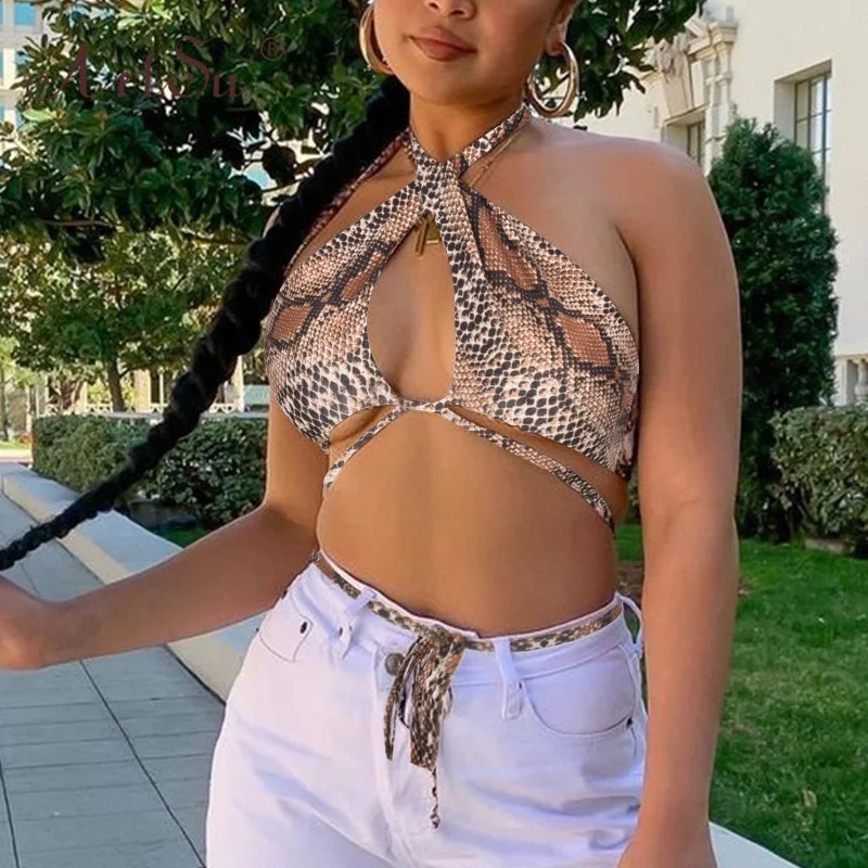 

Женский облегающий Топ ArtSu, пикантный бандажный топ со змеиным принтом, модная Клубная уличная одежда, женский открытый летний укороченный ...