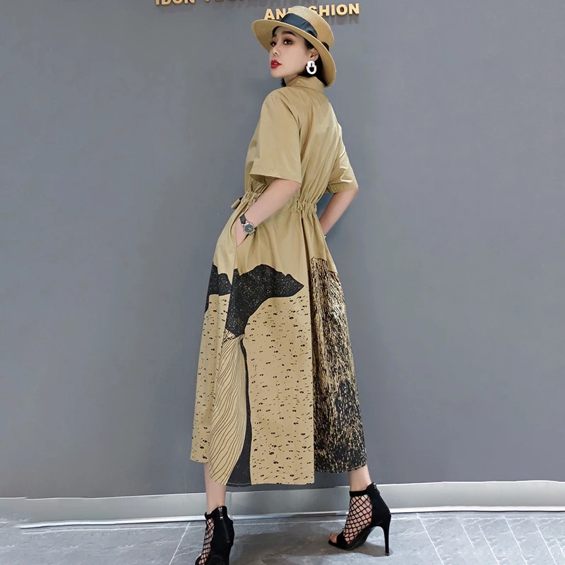 

SHENGPALAE Blue Shirt Dress Women's Summer 2021 New Lapel Single Breasted Drawstring Waist Short Sleeve Maxi Dresses Female Tide