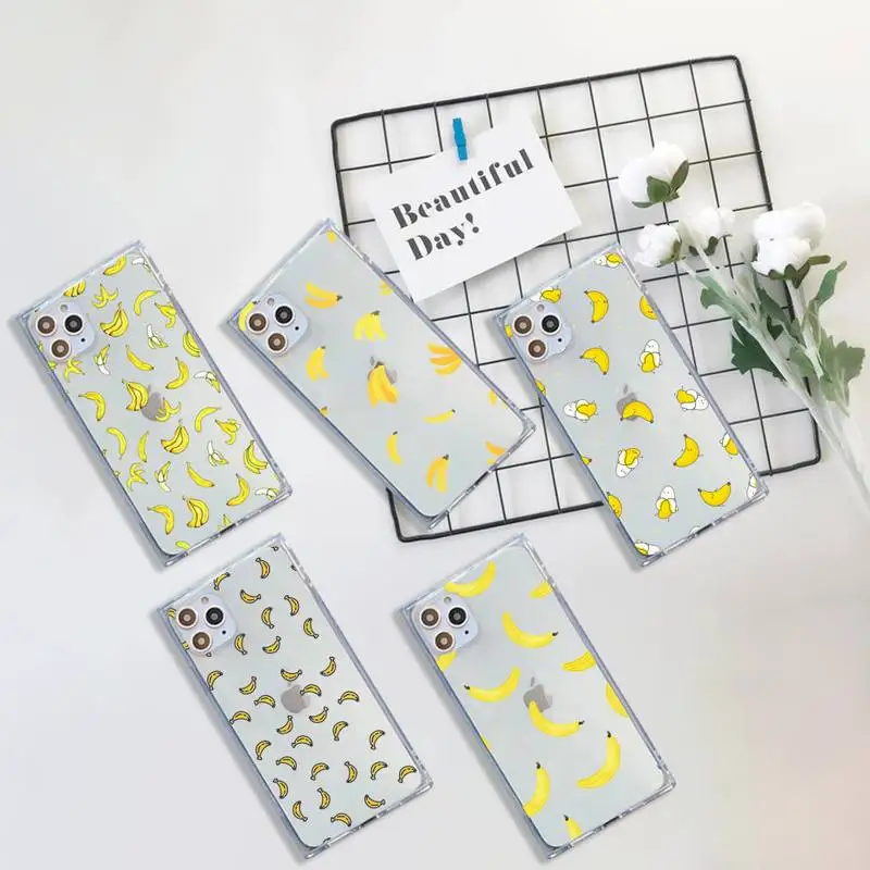 

banana yellow fruit cartoon Phone Case For iPhone 7 8 11 12 X XS XR MINI Pro Max Plus Clear Square Transparent