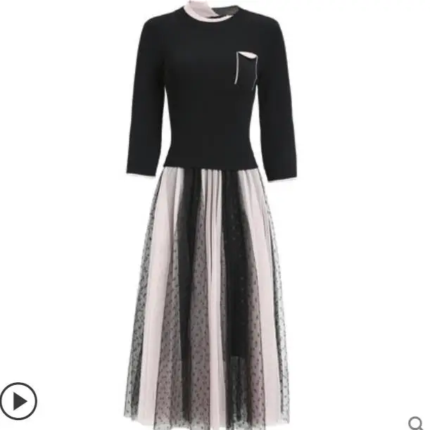 

Fake two-piece autumn dress 2019 new female knitwear mesh patchwork receive waist slimming skirt