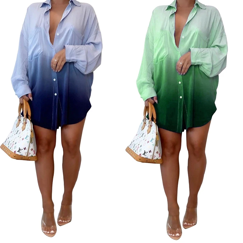 

ZKYZWX New Popular Gradient Loose Pocket Shirt for Women Fall Fashion Full Sleeve V-neck Button Streetwear Club Casual Shirts