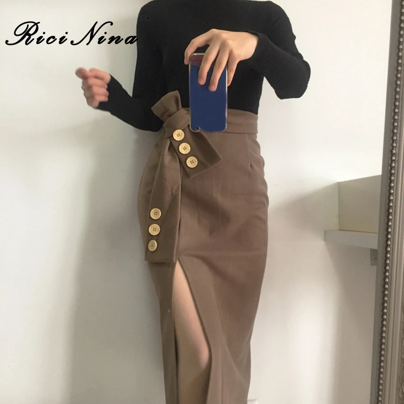 RICININA Женская длинная юбка 2020 пуговиц с поясом одноцветная Ретро стиль юбки для
