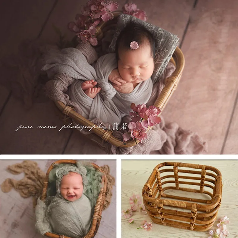 Newborn Photography Props Boy Girl Accessories Retro Rattan Square Basket Baby Vintage Chair For Photo Shoot Bed Fotografia