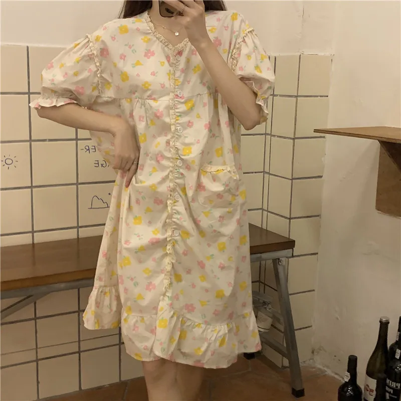 

Harajpee Mori Girl Style Nightgowns Women 2021 Summer New O-neck Puff Sleeve Sweet Loose Floral Printing Short Sleeve Sleepdress