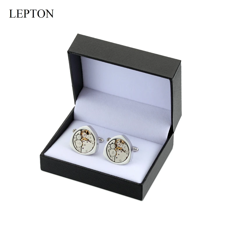 Lepton Watch Movement Cufflinks of immovable Silver Color Steampunk Gear Watch Mechanism Cuff links for Mens Wedding Gift