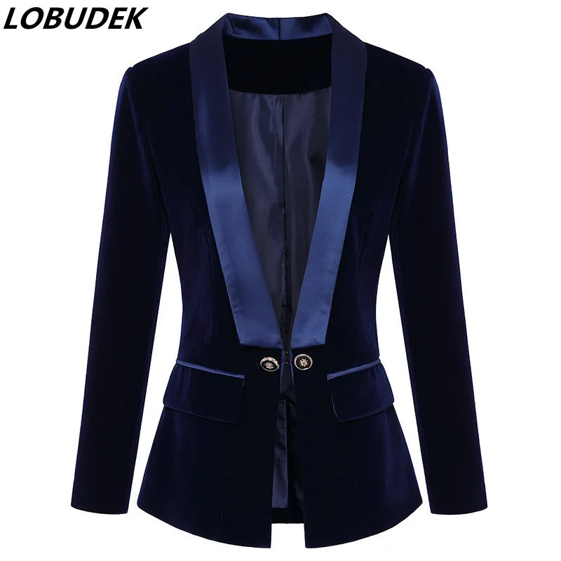 Elegant Solid Color Suit Coat Slim Velvet Blazers Spring Autumn Women Clothes One Button Shawl Collar Casual Street Office Coat