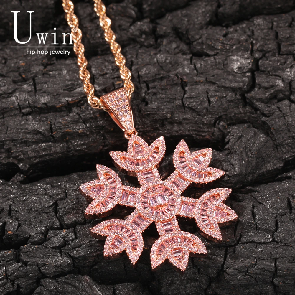 Розовый кулон Uwin в виде снежинки багета циркониевое украшение AAA цепочка со льдом