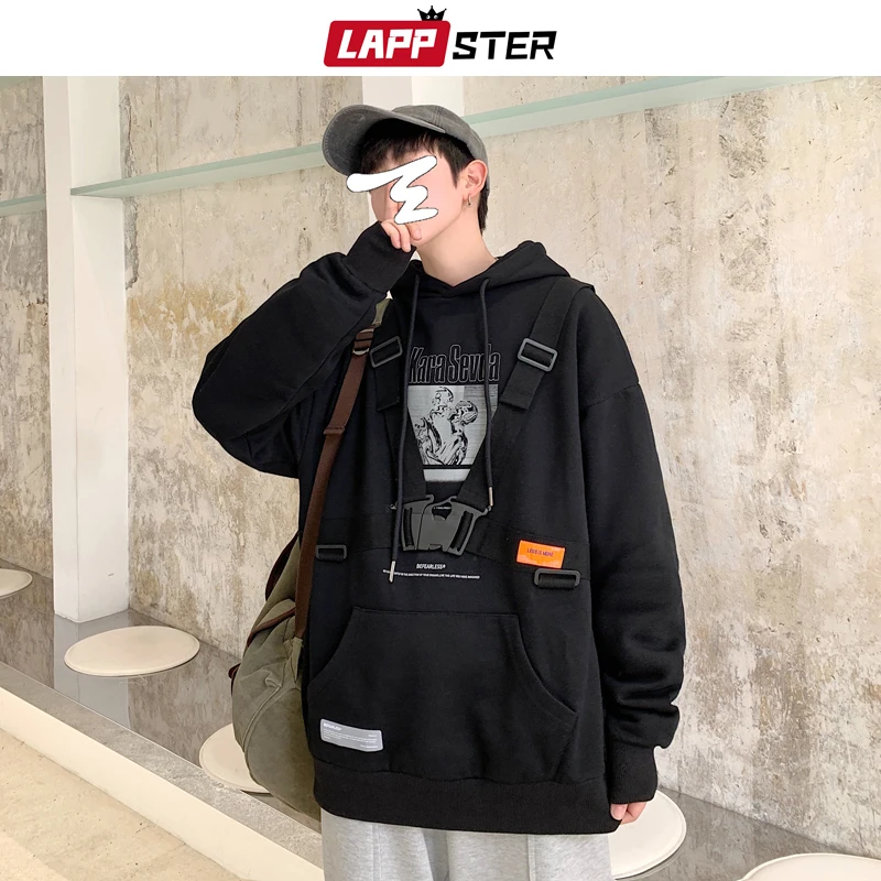 LAPPSTER, мужские толстовки Harajuku с лентами,, Мужская негабаритная Японская уличная одежда, хип-хоп толстовки, корейская мода, худи с капюшоном