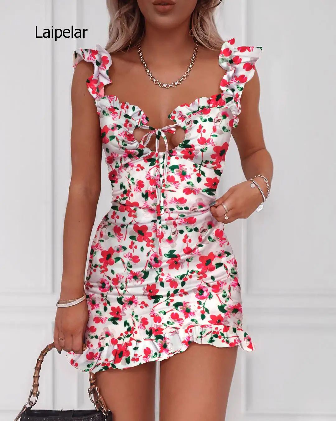 

Ruffles Floral Print Fashion Sleeveless Mini Dress Summer Bow Tie Sexy Backless Sundress Dress Party Club Holiday