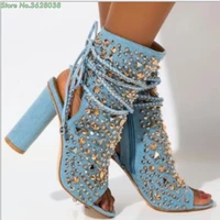denim fretwork heels peep toe ankle boots crystal rivet cross tied sexy short boots newest fashion blue women shoes