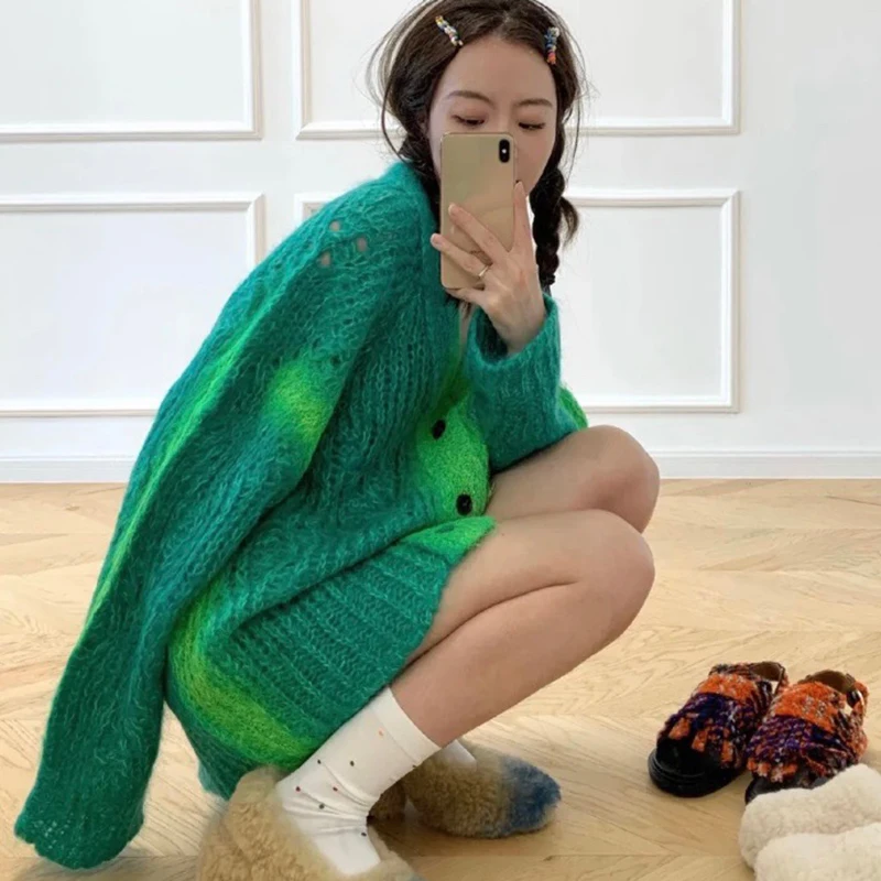 Повседневный свободный зеленый женский свитер XIZIHUPAN прямой кардиган с V-образным