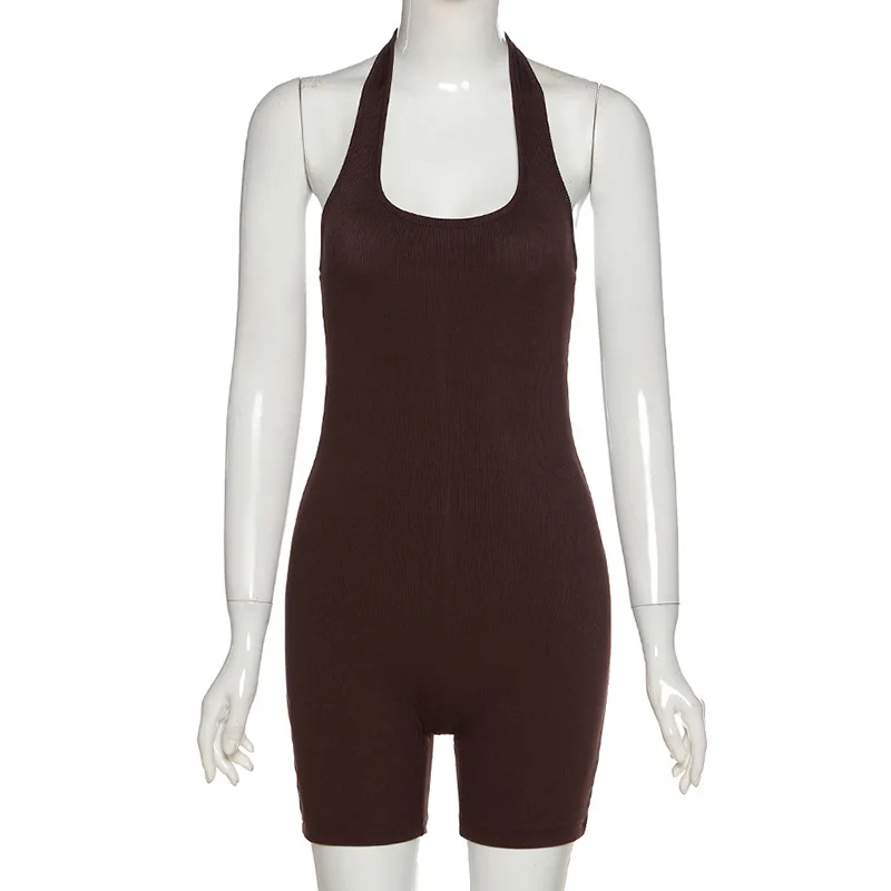 Plus Size Striped Sporty Workout Halter Rompers Women Casual Active Wear Backless Sleeveless Playsuit Athleisure Biker Playsuits