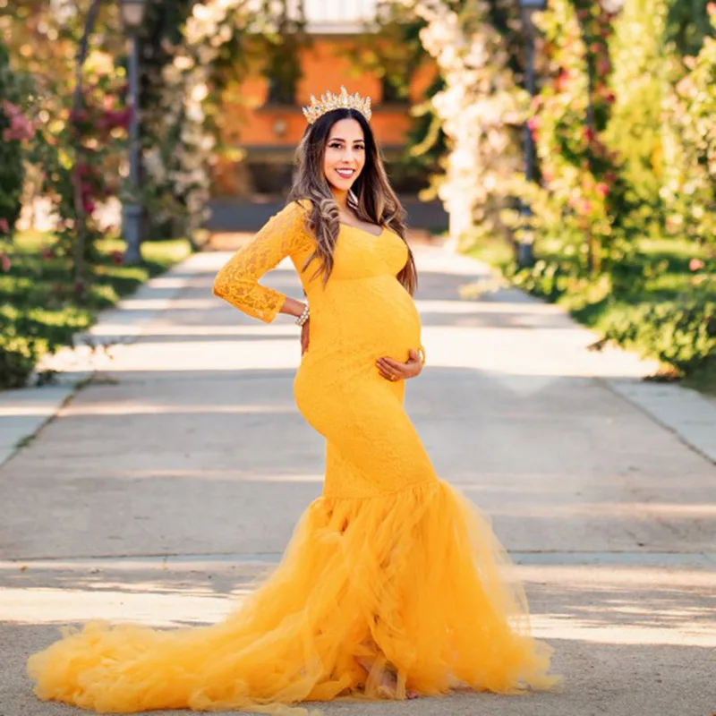 

Long Sleeve Maternity Dresses for Photo Shoot Sexy Off Shoulder Lace Pregnancy Maxi Gown Dresses Pregnant Women Photography Prop