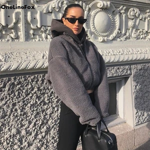 Женская Повседневная шуба из овечьей шерсти OneLineFox, теплое осеннее серое Укороченное пальто, модное пальто с длинным рукавом, женская уличная одежда