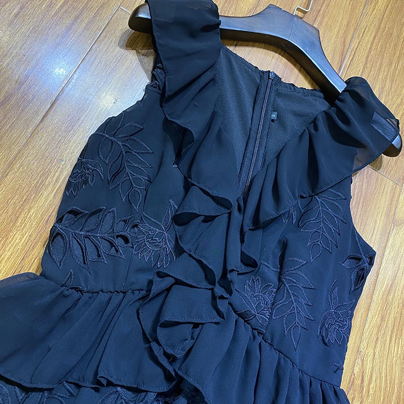 

AELESEEN Runway Fashion Wite Dress Women 2020 Summer Ruffles Sexy V-neck Hollow Maxi Elegant Hollow Out Black Party Dress