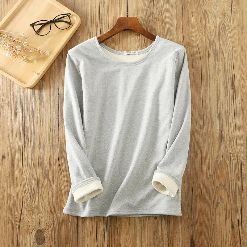 light grey Плюс бархатная утепленная хлопковая футболка Женская осенне-зимняя теплая женская футболка с длинным рукавом с круглым вырезом Тонкая футболка с низом Femme C5774 - Цвет: light grey