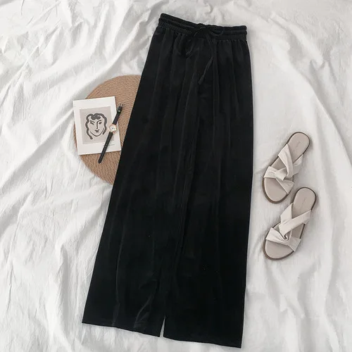 black Neploe широкие брюки женские велюровые длинные брюки осенние брюки с высокой талией женские стильные повседневные Капри с ремешками 54354 - Цвет: black
