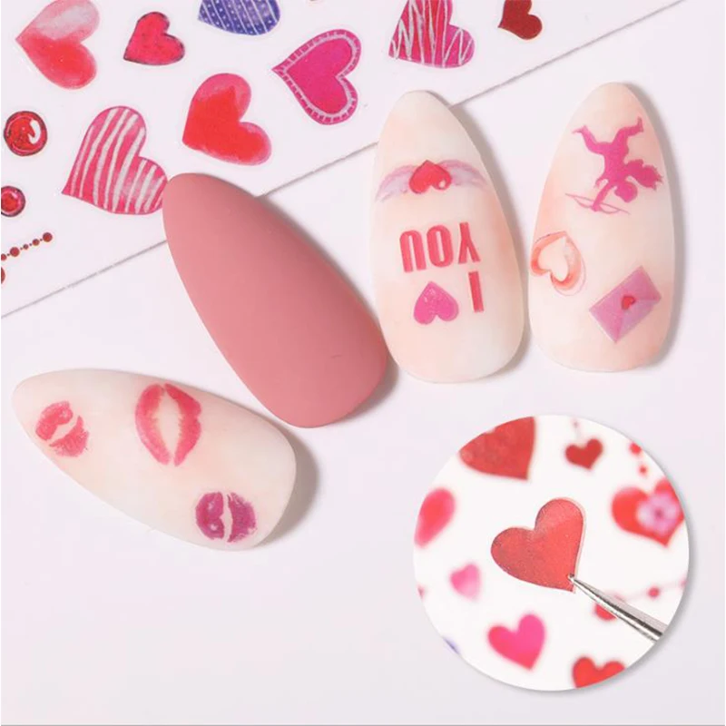 

Single Sheet 3D Nail Sticker Back Adhesive Pink Love Red Lips Roses Design Nail Art Decals For DIY Manicure Decoration Beauty
