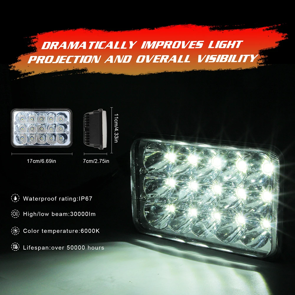 4x6 Inch 180W Car Headlight Square 15LED High Lumen 6000K White Driving Lights Hi/Lo Beam Waterproof For Jeep Chevy Pickup Truck |