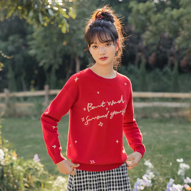 

INMAN Autumn Winter Red Knitwear Pullover Star Graphic Jacquard Lining Falling Shoulder Comfortable Sweet Girl Women's Sweater