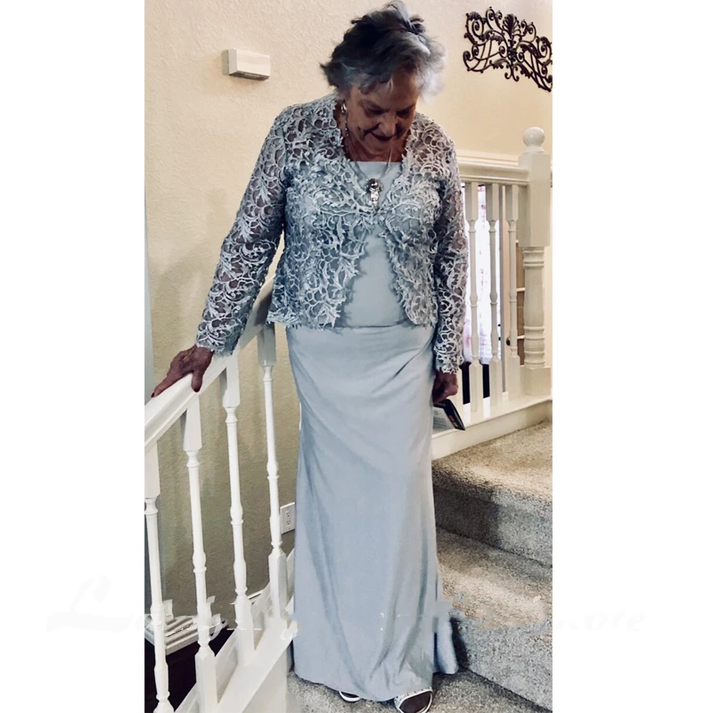 

Silver Mother of the Bride Dress with Lace Jacket Long Sleeve Floor Length Column Formal Weddiing Party Gowns Plus Size Custom