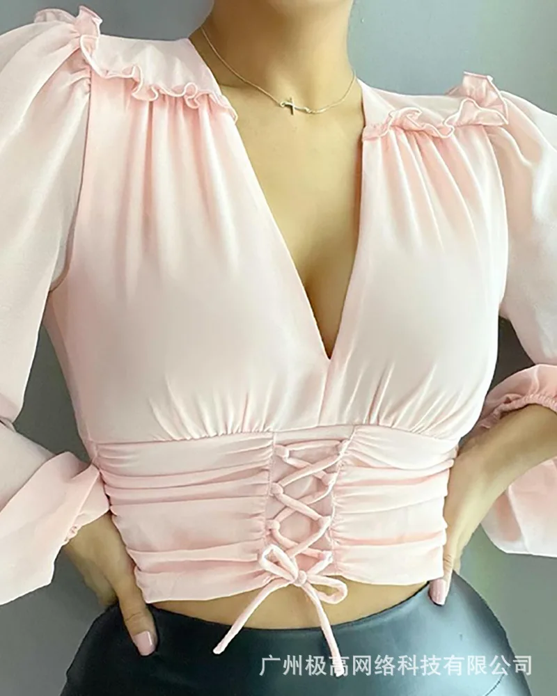 

Women's 2021 New Green Lace Lace V-neck Blouse