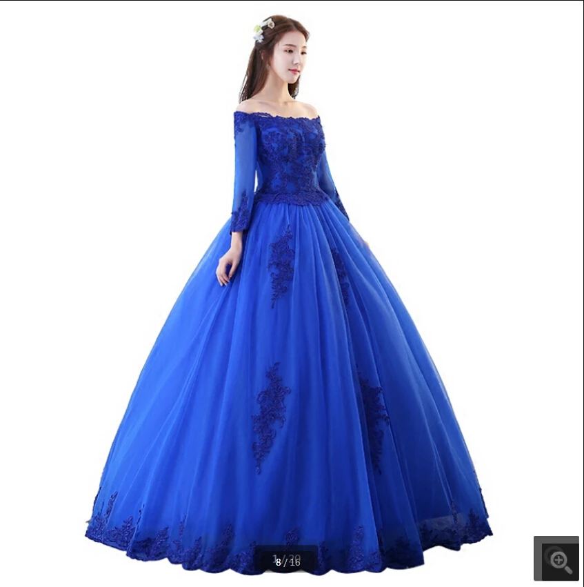 

Robe de soiree royal blue tulle modest ball gown prom dresses lace appliques off the shoulder 3/4 sleeve vintage party dress