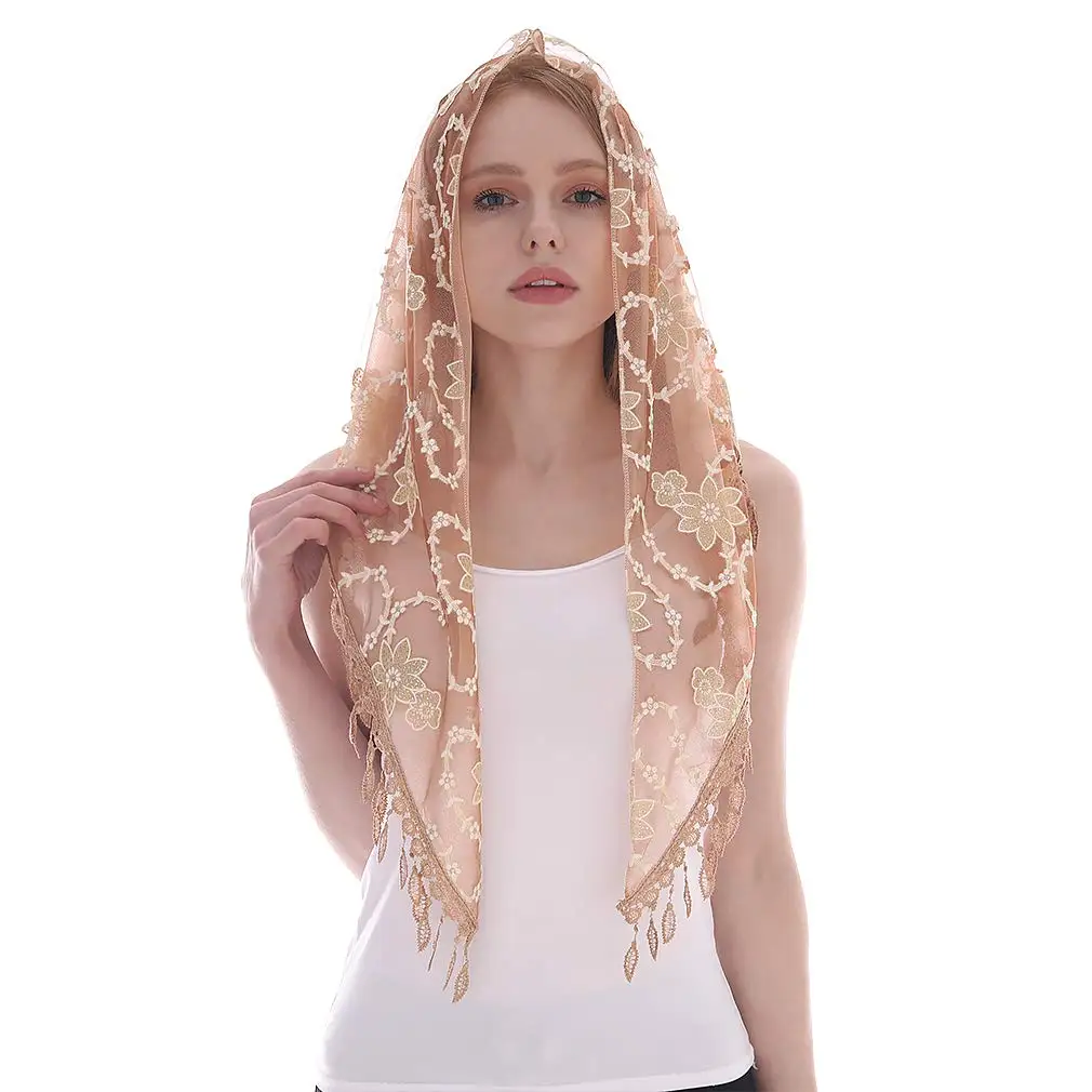 Женская кружевная вуаль треугольный шарф для церкви вышитый кисточка шаль с