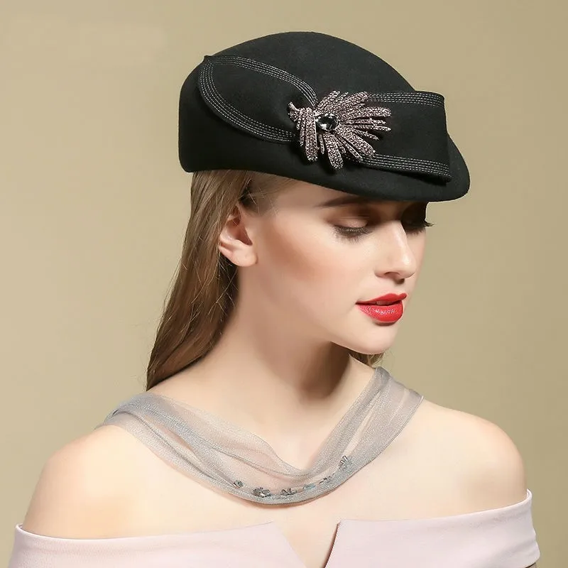 

Women Chic Fascinator Hat Cocktail Pillbox Cap Fashion Diamond Berets Lady Party 100% Wool Felt Fedora Hat Cloche Hat 54-58cm