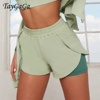 taygaga 2022 new double layer shorts sports fitness sanded candy color quick dry yoga shorts womens slim stretch sports pants