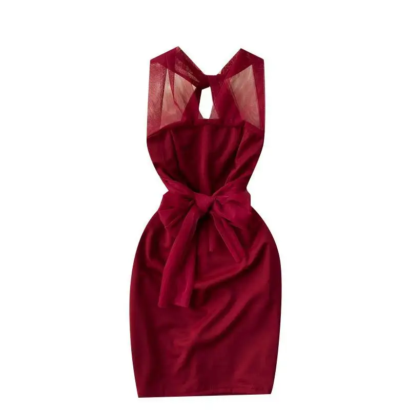 

Women's sexy red bodycno neck mounted mini dress 2021 summer fashion club V-neck bow pencil dress