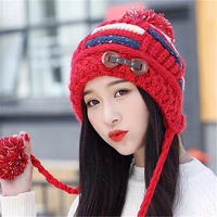 hat female winter korean thickened warm hat fashion ear protection girl lovely ball knitting fluffy women red