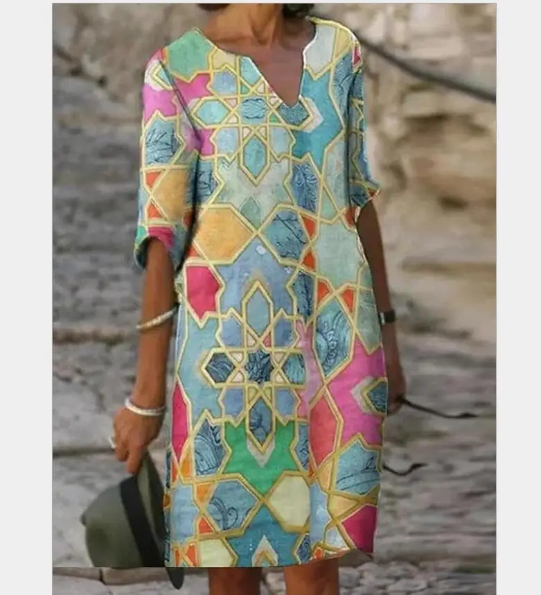 2021  New  Women Printing Dress Summer V-Neck Half Sleeve A-Line Dresses Female Retro litera Vintage Loose Dress Vestidos