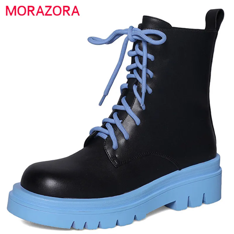

Женские ботинки из натуральной кожи MORAZORA, черные ботинки из натуральной кожи, на плоской платформе, со шнуровкой и молнией, лето 2022