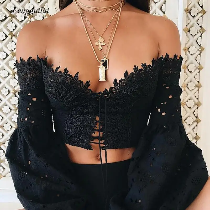 

Summer Women's New Sexy Chest Wrapped One Line Collar Lace Up Embroidered Top
