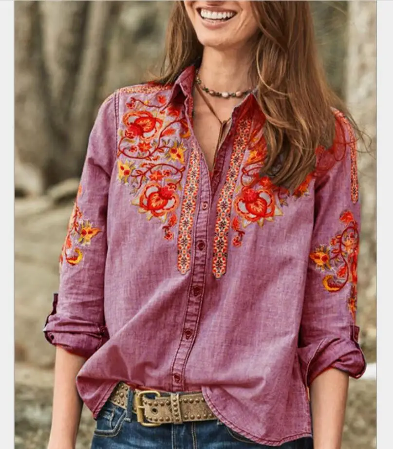 

Vintage Embroidered Shirts Tops Women 2020 spring Elegant Button Slim Blusas Female Lapel Blouse Plus Size 2xl r965