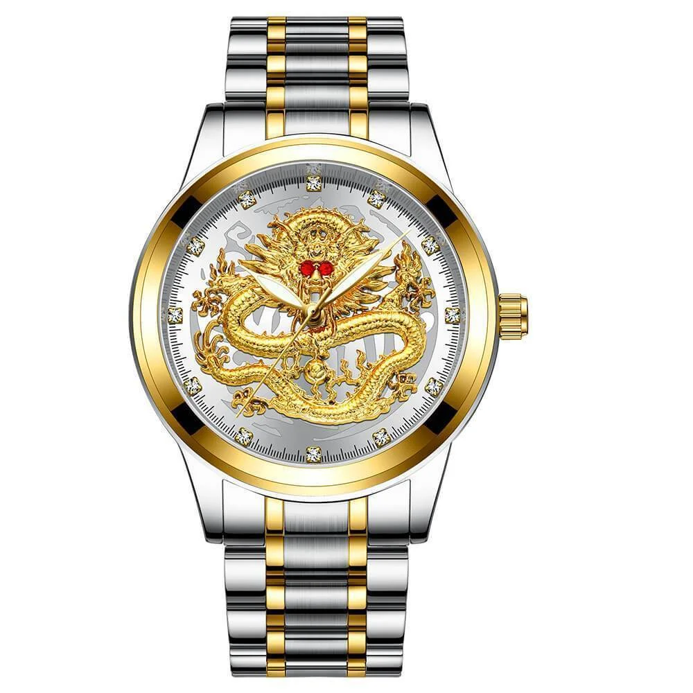 

Top Brand Luxury Men Quartz Watch Classic Chinese Style Embossed Golden Dragon Watch Steel Band Business Men Watch DropShipping
