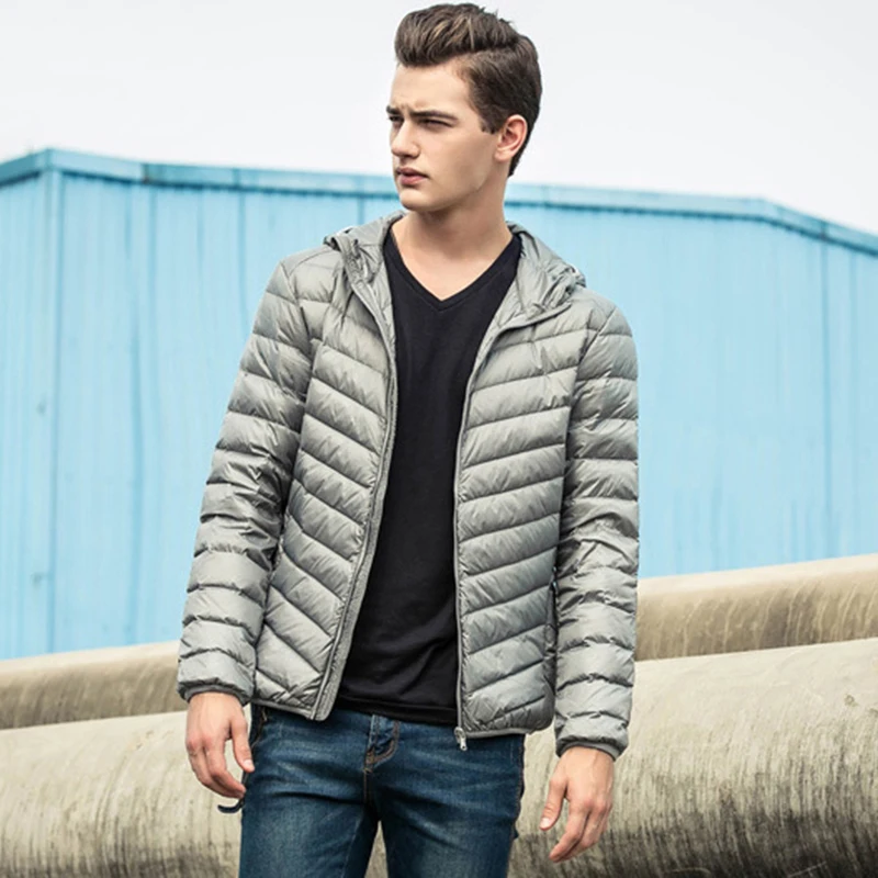 

Plus Size S-5XL Mens Hooded Jacket Coat 90% Duck Down Filler Ultra Light 2019 Spring Autumn Male Winter Warm Coat + Portable Bag