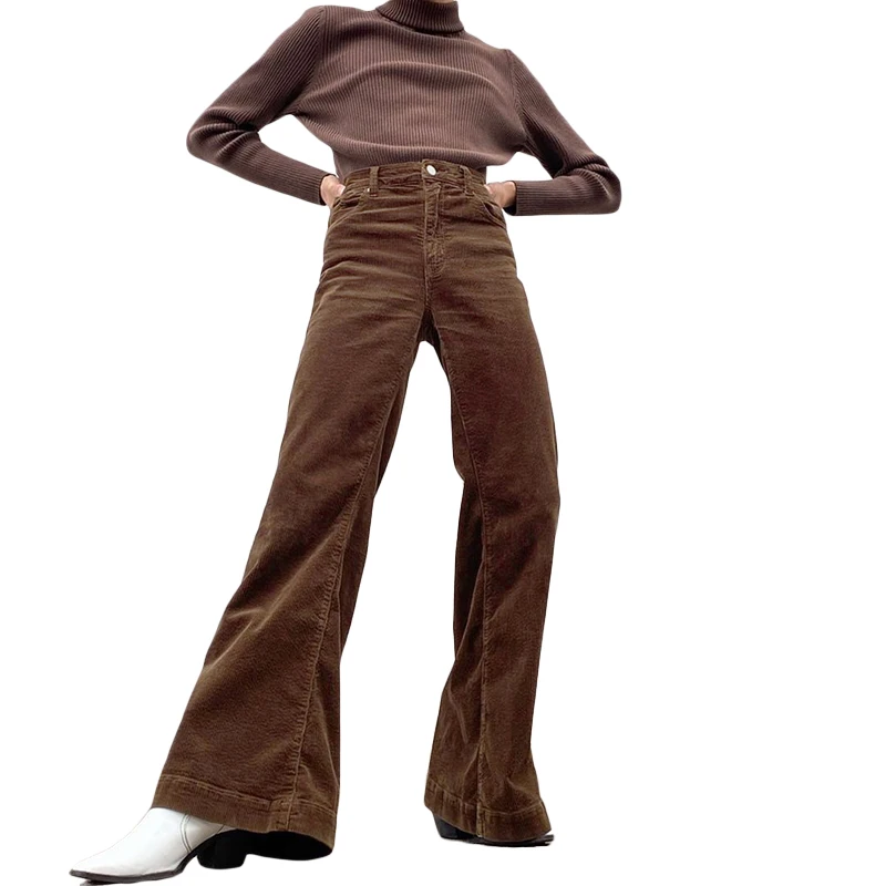 

Women suitable warm Fashion High Waist Solid Color Pants Stylish Flared corduroy Pants for Ladies Female