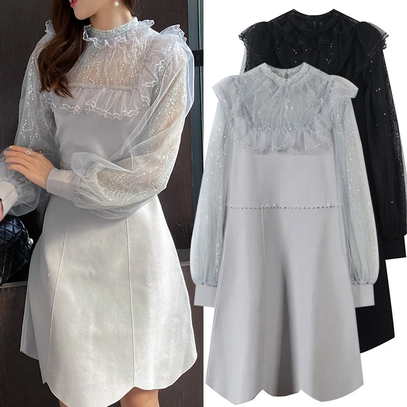 

ENGAGEMENT 2021 Autumn Majeth New Mesh Ruffled Stitching Black Knit Commuter Slim Dress Women