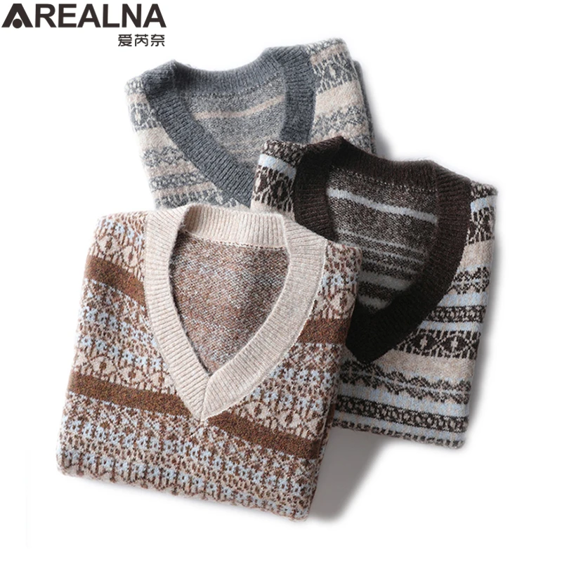 Осенне-зимний Трикотажный Свитер оверсайз в полоску с узором ромбиками